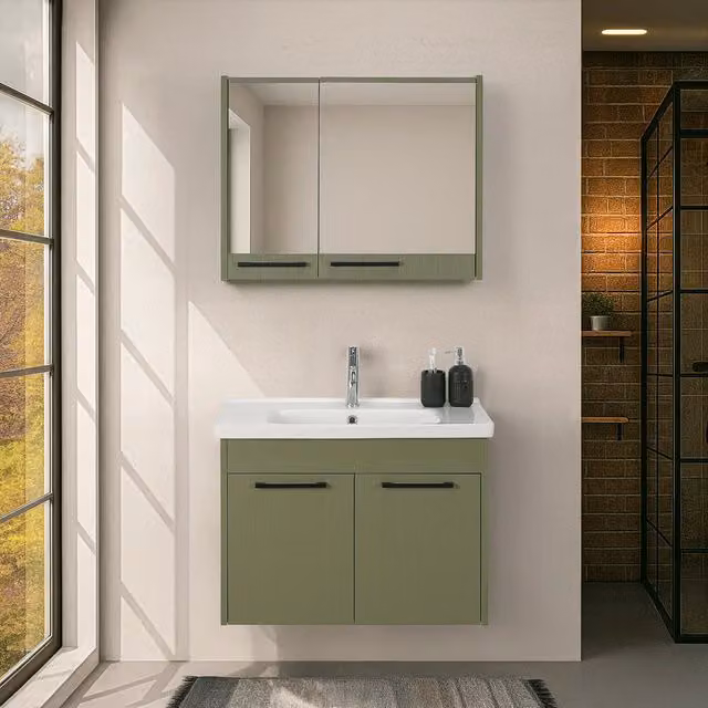 Mobile bagno sospeso INBAGNO Sofia verde effetto legno con armadietto a specchio L: 80 cm, P: 45 cm, H: 55 cm