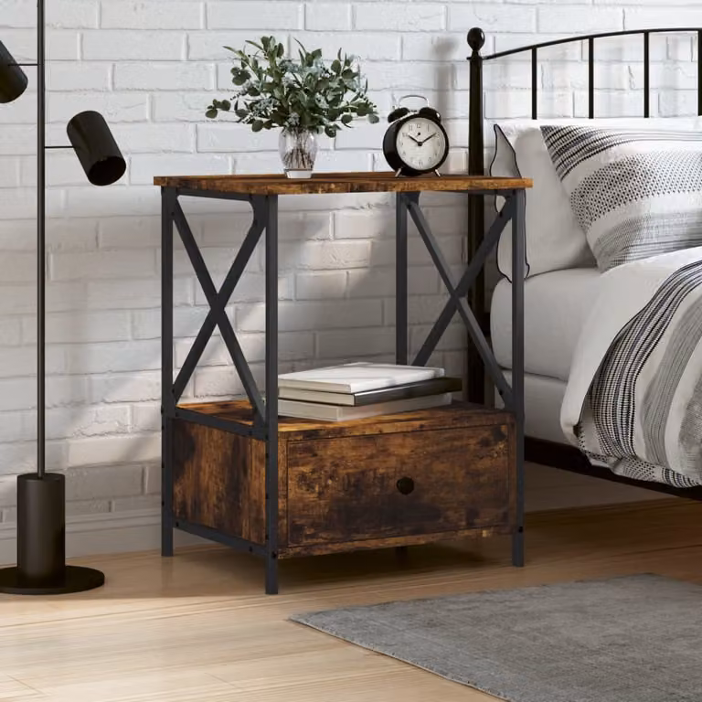 Comodino vidaXL in Rovere Fumo e Legno Multistrato, Stile Industrial, L 50 cm x P 41 cm x H 65 cm