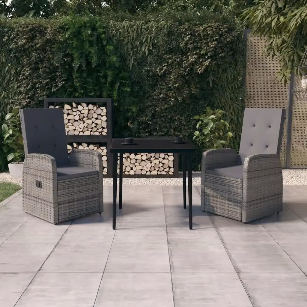 Set da pranzo da giardino moderno in polyrattan con tavolo in vetro e cuscini grigi e neri – 2