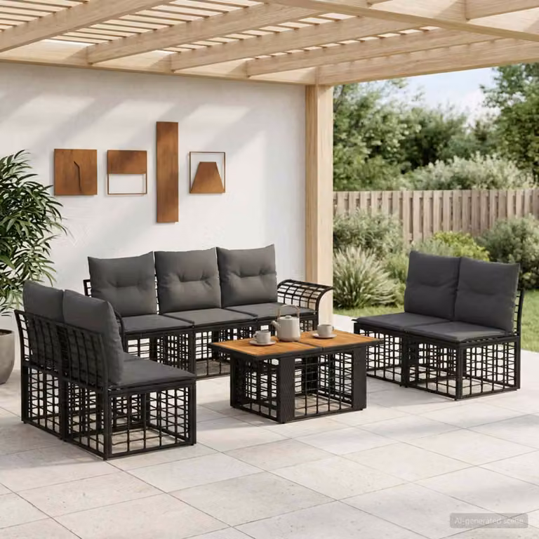 Set Divano da Giardino vidaXL 8 Pezzi in Polyrattan Nero e Grigio con Cuscini e Tavolino da Caffè