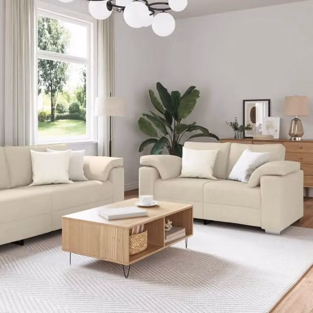 Divano due posti vidaXL beige in tessuto con cuscini inclusi per soggiorno – 1