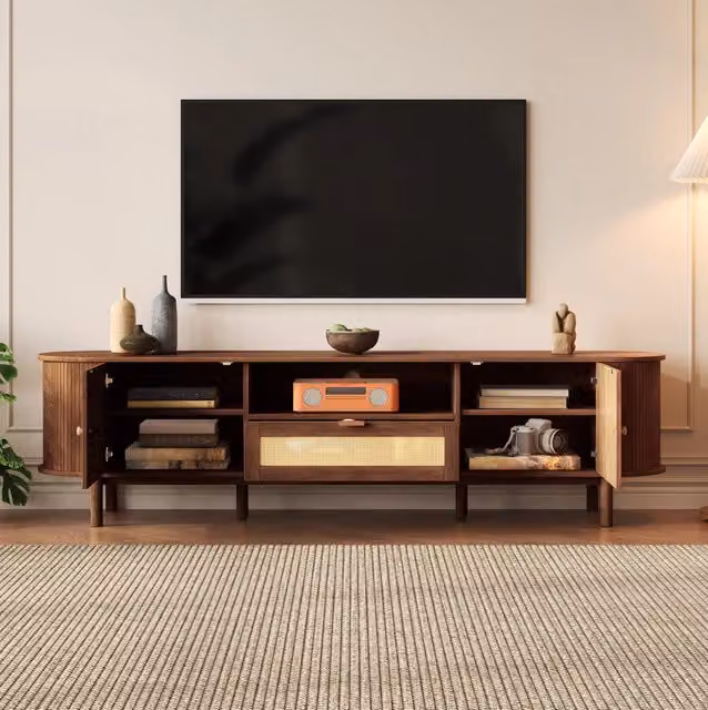 TV-Schrank curvo con ante; vani aperti e cassetti; 175 x 36 x 51 cm; MDF; noce