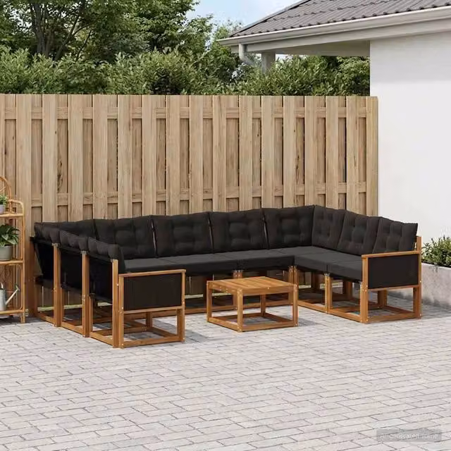 Set di divani da esterno a forma di U vidaXL in legno di acacia con tavolino da caffè e cuscini, colore marrone e nero – 1