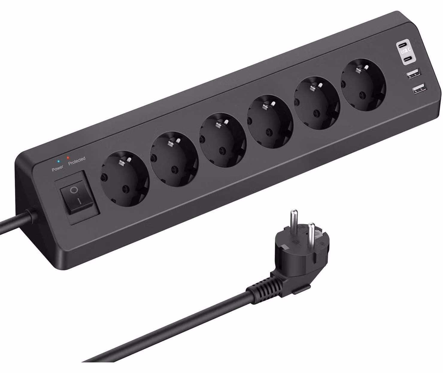 Presa multipla angolare con 4 porte USB e 6 prese, colore nero