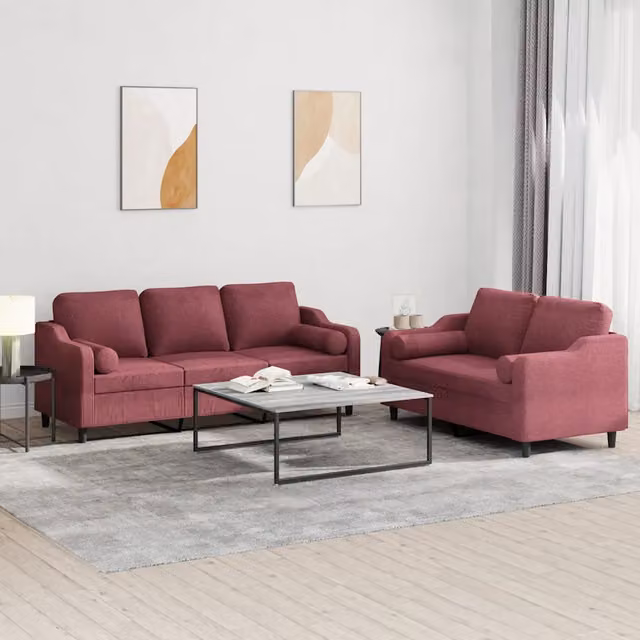 Set di divani vidaXL da soggiorno composto da un divano a 2 posti e un divano a 3 posti in tessuto rosso con cuscini inclusi