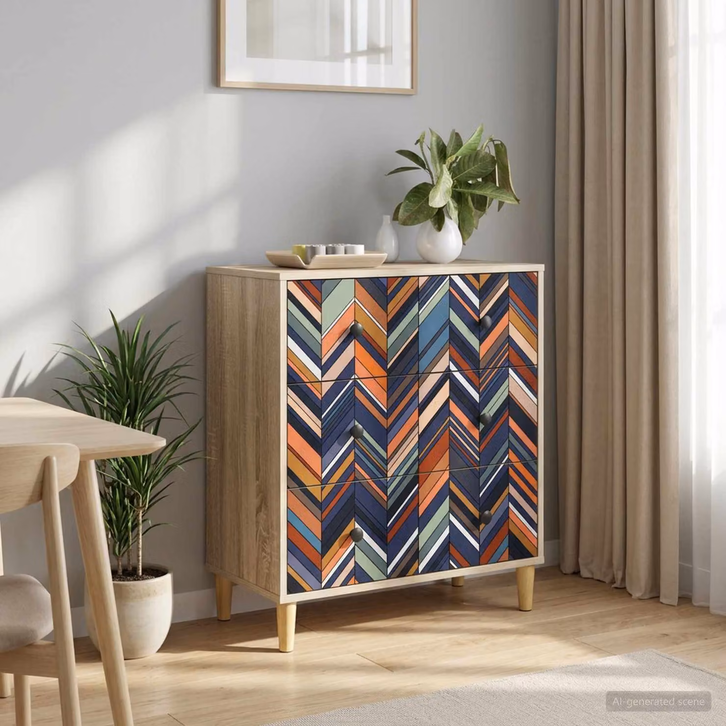 Cassettiera vidaXL OMMEN con stampa geometrica, colore Sonoma e multicolore, L: 66 cm, P: 36,5 cm, H: 75 cm