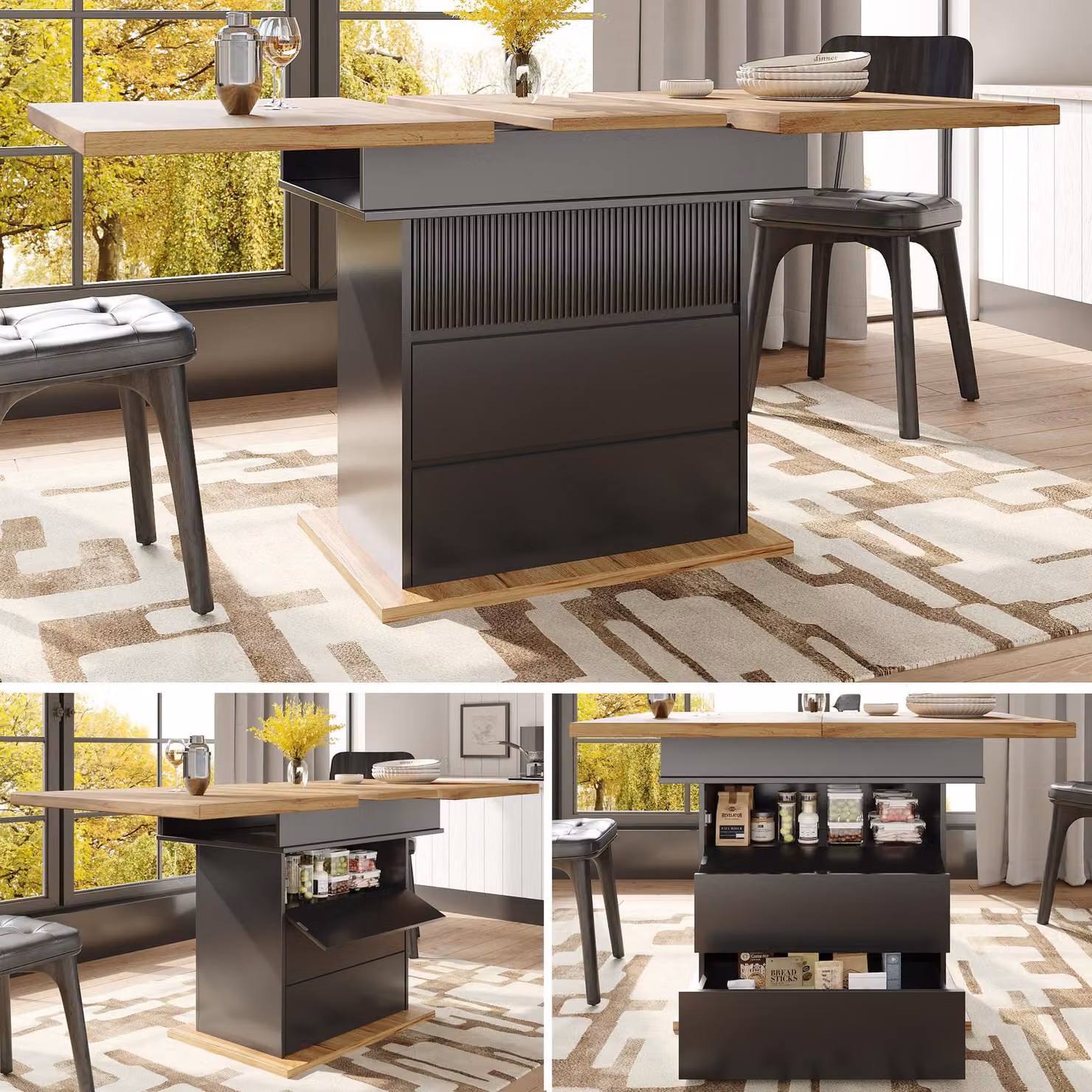 Tavolo da pranzo Sweiko telescopico (110-140×80 cm), tavolo da cucina pieghevole per 4-6 persone, tavolo da pranzo allungabile, tavolo da cucina salvaspazio, per cucina e soggiorno, tavolo da pranzo con tre piani di appoggio, nero