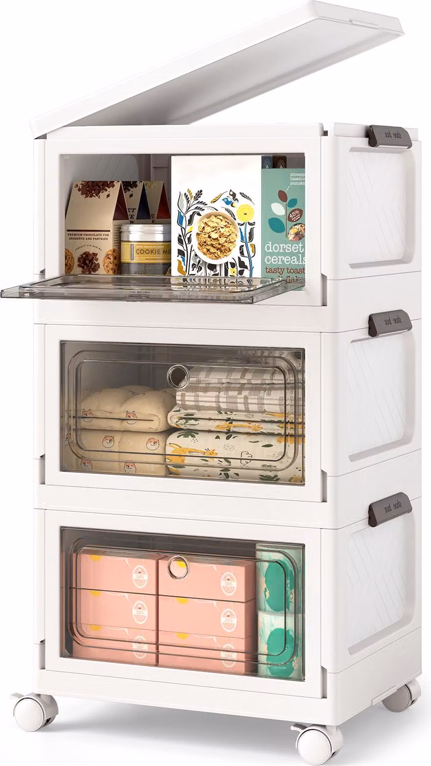 COSTWAY 75 L scatola pieghevole con coperchio, set di 3 scatole di plastica, contenitori con ruote e sportelli, scatole impilabili, 41x31,5x72,5 cm, bianco