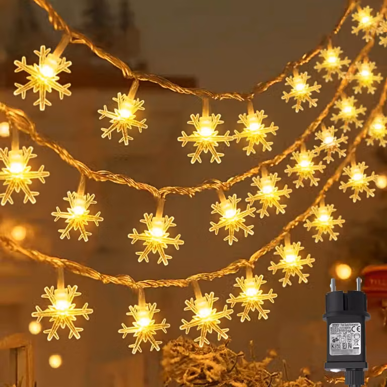 Catena luminosa da 15 metri, 100 LED a forma di fiocchi di neve, luce bianca calda, grado di protezione IP65, con timer e 8 modalità di illuminazione