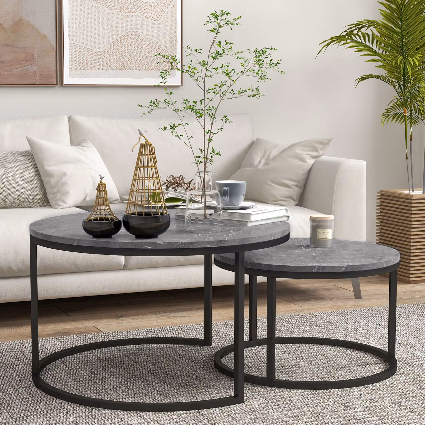 Set di 2 tavolini da salotto impilabili HOMCOM in stile industriale con piano effetto cemento e struttura in metallo grigio e nero – 2