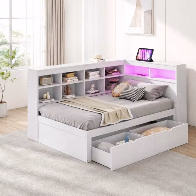 Divano letto singolo multifunzione moderno in legno e tessuto bianco con illuminazione LED, porta USB e cassetti L/P/H: 222.3 x 90.5 x 116.0 cm