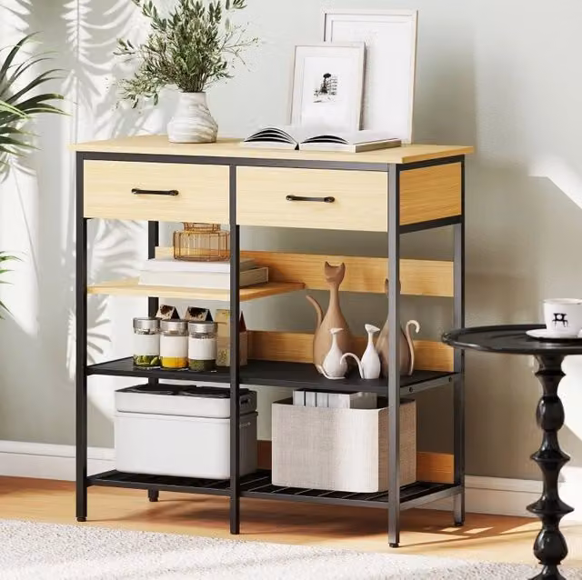 Credenza ULEVR 90x40x91 cm con 2 cassetti e 3 ripiani aperti, effetto legno naturale e struttura in acciaio nero