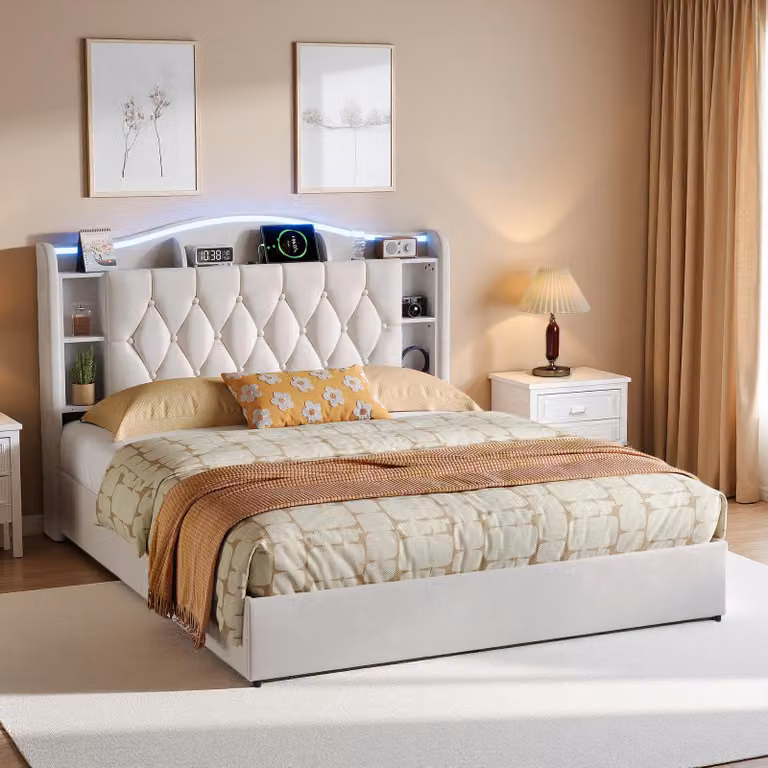 Letto imbottito UnboxG 140x190 cm beige con LED e vano portaoggetti, letto matrimoniale in velluto con contenitore idraulico, USB, ricarica wireless, letto con testiera