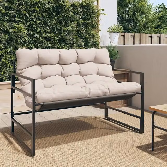 Panchina da giardino moderna vidaXL con braccioli in metallo e cuscini in tessuto, colori nero e beige, L: 113 cm, P: 67 cm, H: 76 cm – 1