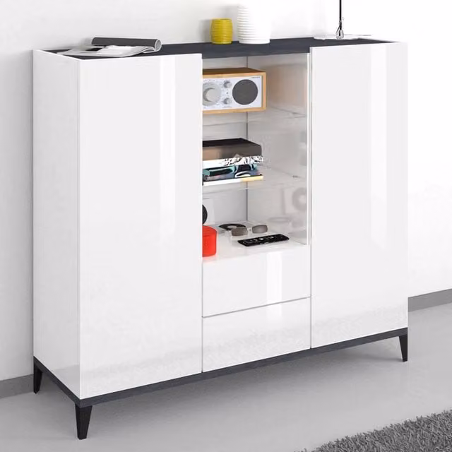 Credenza moderna a 2 ante e 2 Scirocco, Made in Italy, Madia con ripiani, Buffet di design da ingresso, Cm 120x40h133, Bianco lucido e Ardesia