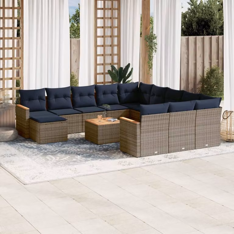 Set di divani da giardino vidaXL da 13 pezzi in polyrattan con cuscini grigi e blu e struttura in legno di acacia oliato