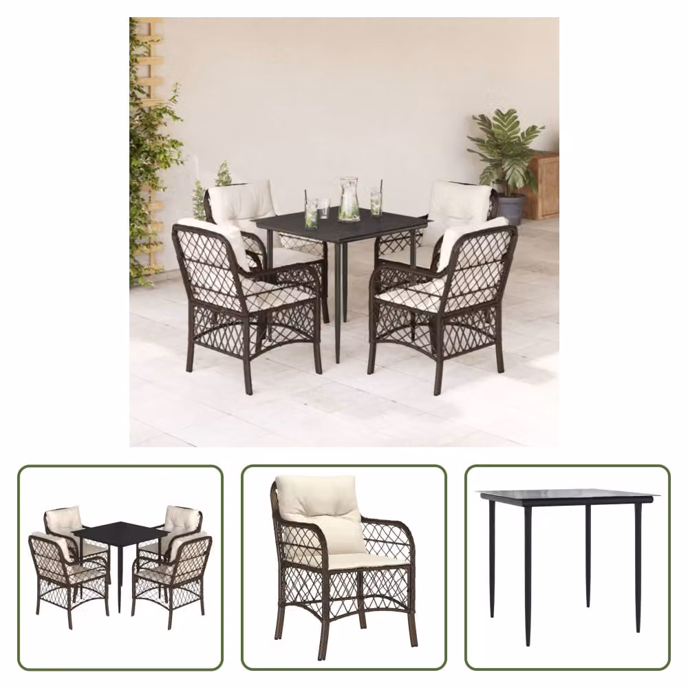 The Living Store Set da pranzo da giardino 5 pezzi con cuscini in polirattan marrone