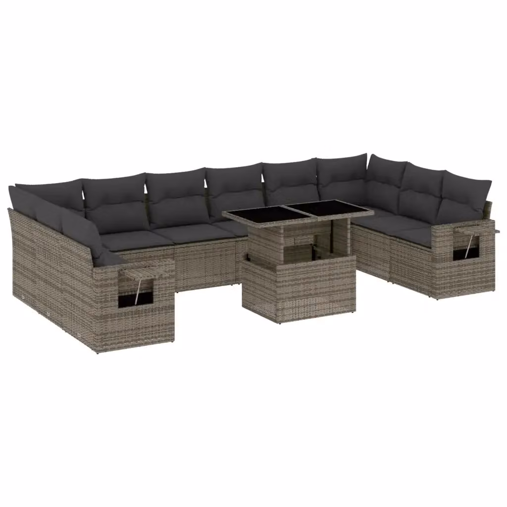 vidaXL Set Divani da Giardino 11 pz a Forma a L in Polyrattan Grigio con Cuscini e Tavolino da Caffè – 2