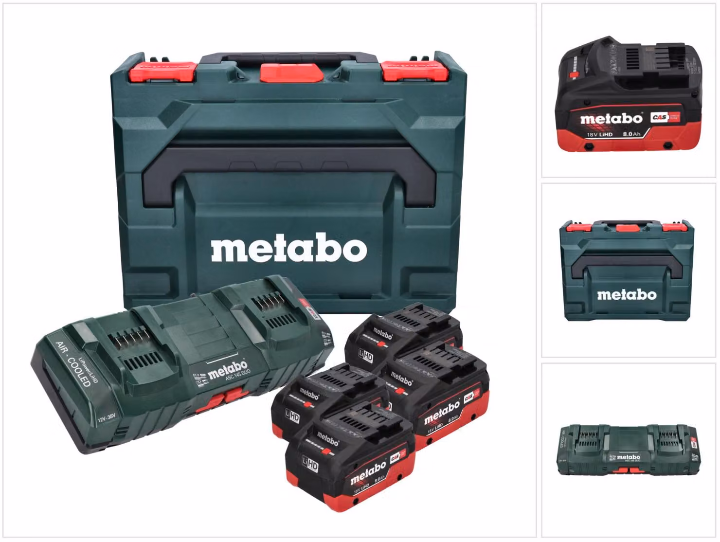 Set base Metabo: 4x batterie Li-Power 8,0 Ah 18 V CAS agli ioni di litio + caricatore doppio DUO ASC 145 + valigetta MetaBOX (685135000)