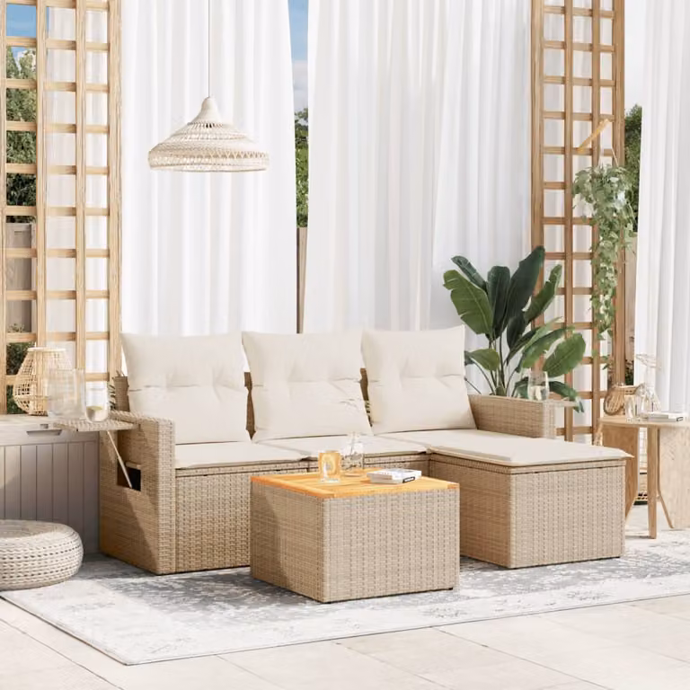 vidaXL Set Divano da Giardino a L 5 pz in Polyrattan con Cuscini Beige e Tavolino da Esterno