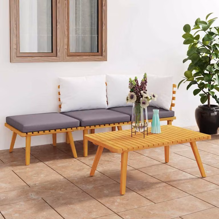 Set Divani da Giardino vidaXL in Legno di Acacia con Cuscini, Composizione a L con Tavolino e Pouf, Marrone