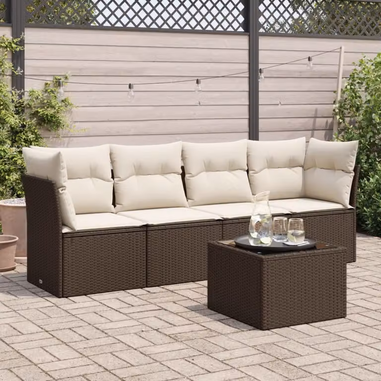 vidaXL Set Divano da Giardino 5 pz in Polyrattan Marrone con Cuscini e Tavolino da Esterno
