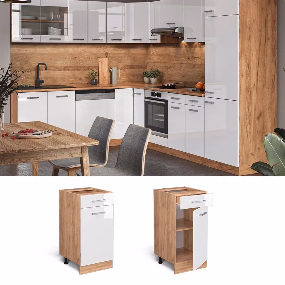 Mobiletto base per cucina Vicco R-Line moderno in bianco lucido e rovere con ante a battente e ripiani interni L: 40 cm – 2