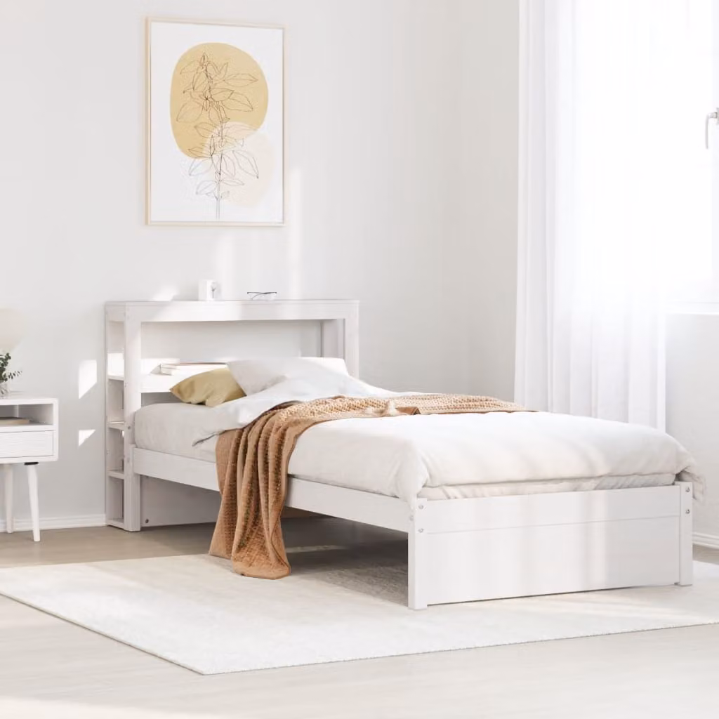 vidaXL Letto in Legno Massello di Pino con Testiera e Ripiani Laterali, Bianco, L: 190 cm, P: 82 cm, H: 81 cm