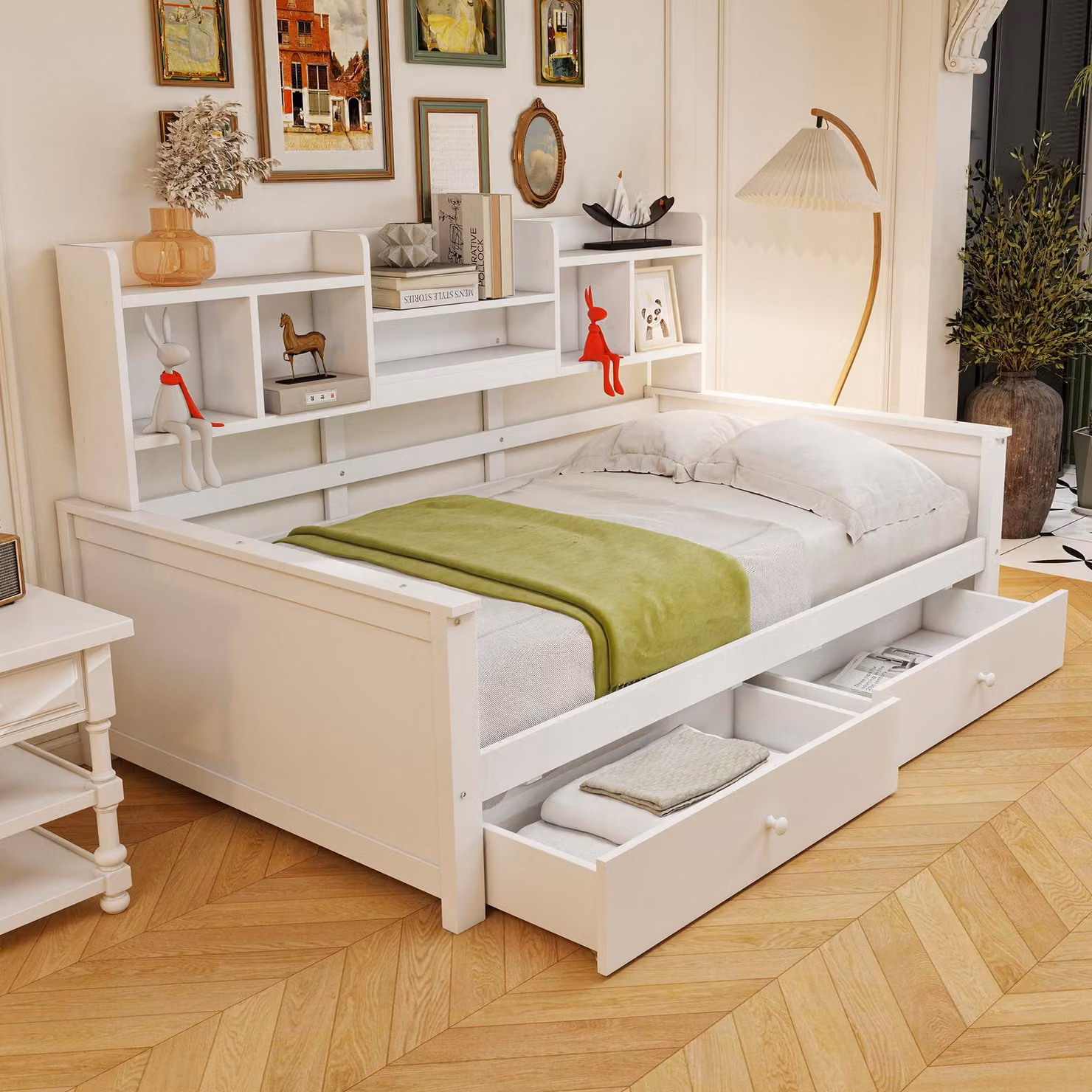 Flieks letto in legno divano letto 90x200cm con cassetti, letto da giorno divano letto con ripiano, letto contenitore letto funzionale con vano contenitore, letto singolo letto per ragazzi bianco
