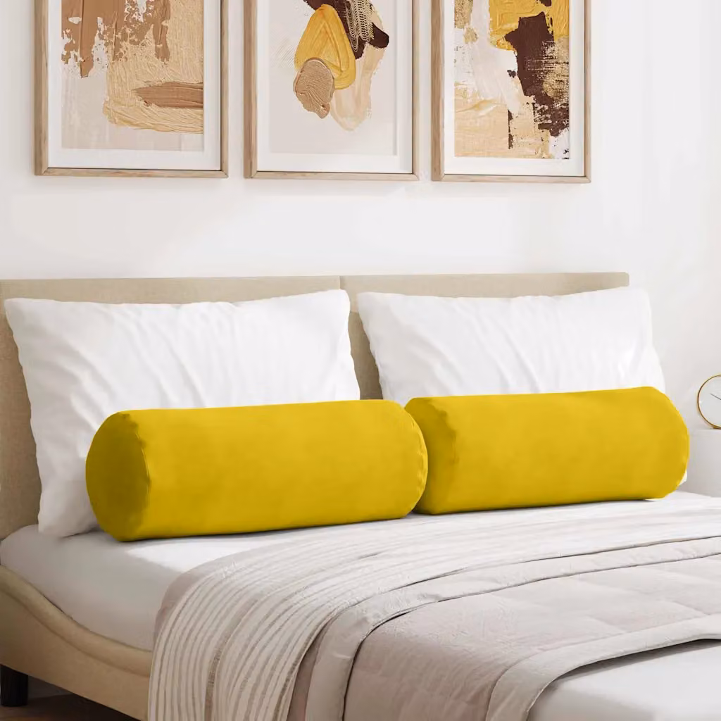 Set di 2 cuscini a rullo rotondi vidaXL in tessuto di velluto a coste giallo, Ø 25 x 70 cm