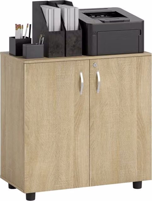 Scrivania Minimal con Ante, Mensola e Serratura in Rovere, L 80 cm x P 40 cm x H 80 cm