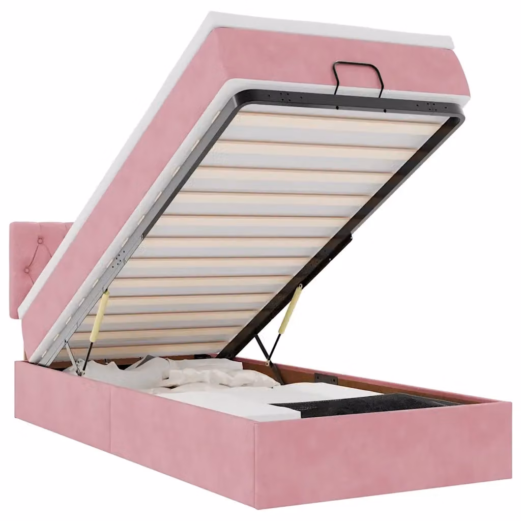 Letto con contenitore a sollevamento e materasso vidaXL in velluto rosa e bianco, L/P/H: 190 x 90 x 88 cm – 2