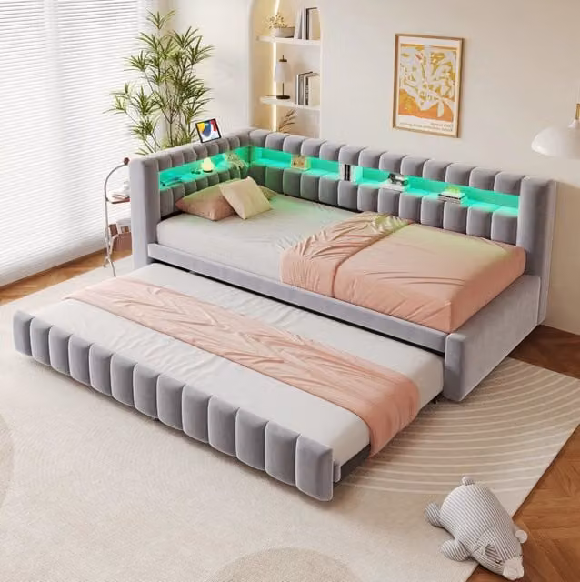 Divano letto imbottito estraibile 90x200 cm con LED; porte USB e Type-C; velluto grigio chiaro