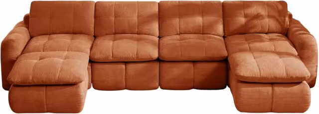 Divano modulare a U 4 posti in chenille arancione, senza telaio, con 2 pouf, per soggiorno e appartamenti