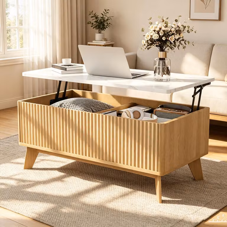 Tavolino da divano INONEFT con piano regolabile in altezza, tavolino moderno per il soggiorno con gambe in legno massello, tavolino multifunzionale, legno, bianco