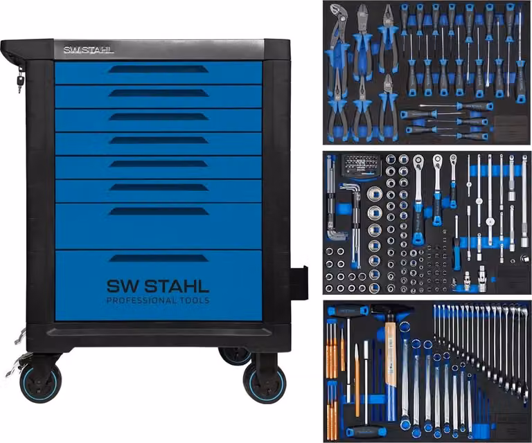 SW-Stahl Z3116 Carrello da officina professionale TT801 blu I 8 cassetti I 3 cassetti pieni I 213 pezzi I Carrello da officina attrezzato con utensili I Twin-Lock I Kit carrello da officina I completamente attrezzato