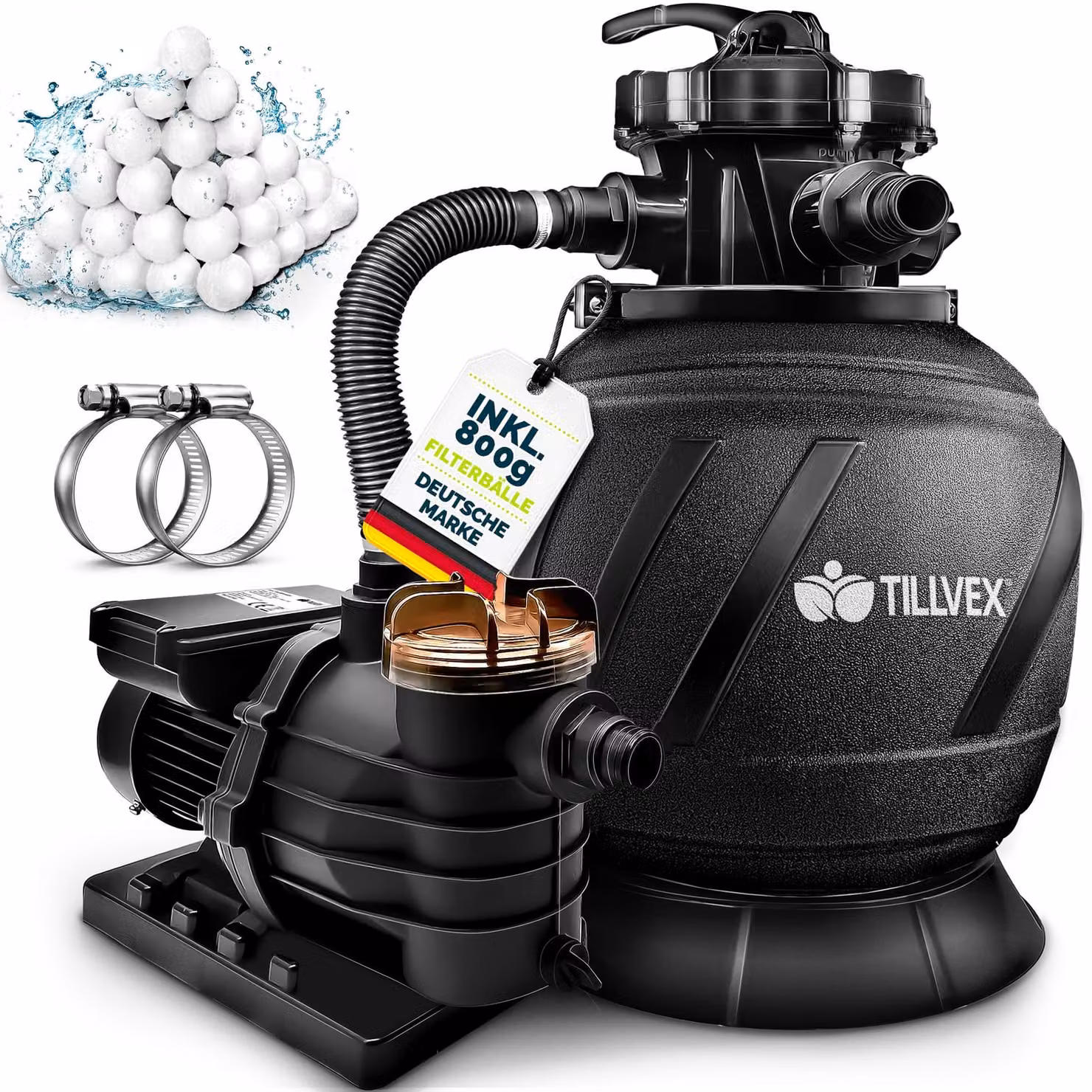 Impianto di filtrazione a sabbia Tillvex per piscina 10 m³/h, incl. 800 g di sfere filtranti AquaBlack Pro | Impianto di filtrazione con valvola a 7 vie e adattatore 2 in 1 Ø 32 mm - 38 mm | Filtro per piscina con manometro | Filtro a sabbia per piscine