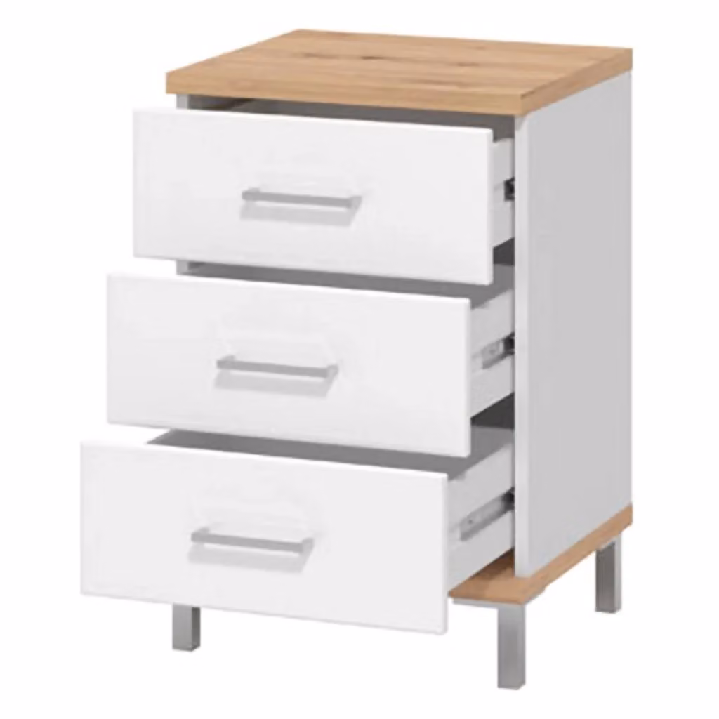 Comodino moderno DMORA in metallo lucido, L: 45 cm, P: 40 cm, H: 69 cm, Bianco e Marrone – 2