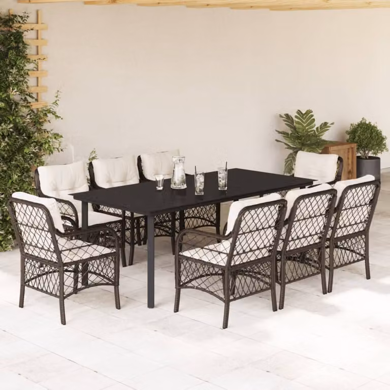 Set da Pranzo da Giardino vidaXL in Polyrattan Marrone con Cuscini e Piano in Vetro, 9 Pezzi