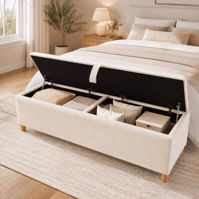 Letto 160x200 cm con LED, testiera contenitore e panca in tessuto beige