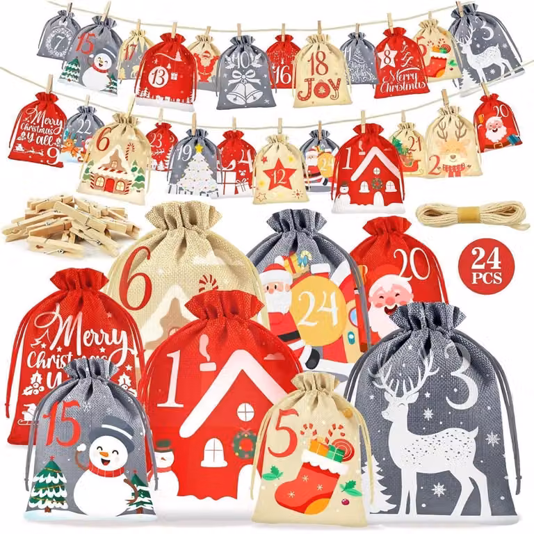 Calendario dell'Avvento: 24 sacchetti, per bambini e adulti, realizzati in tessuto