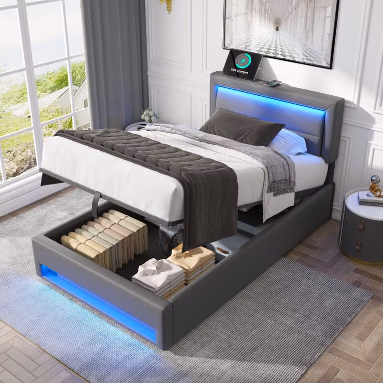 Letto imbottito STILVORA 90x200 cm, letto singolo per ragazzi con porta USB e illuminazione a LED, letto con contenitore, grigio (senza materasso)