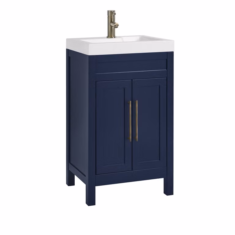 Mobile Bagno Blu Marino da 500mm con Lavabo e Maniglia Classica con Barra a T in Ottone Spazzolato - Warwick