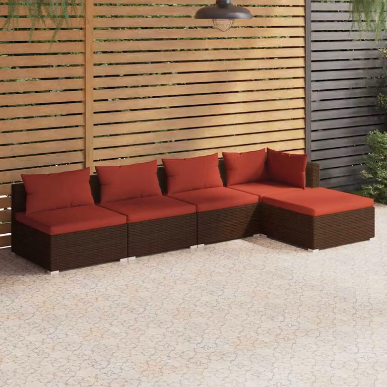 Set di divani da giardino vidaXL 5 pezzi in rattan marrone con cuscini e struttura in metallo