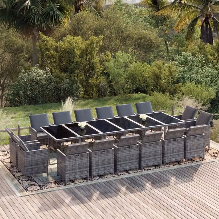 The Living Store Set da pranzo da giardino da 17 pezzi con cuscini in poly rattan grigio