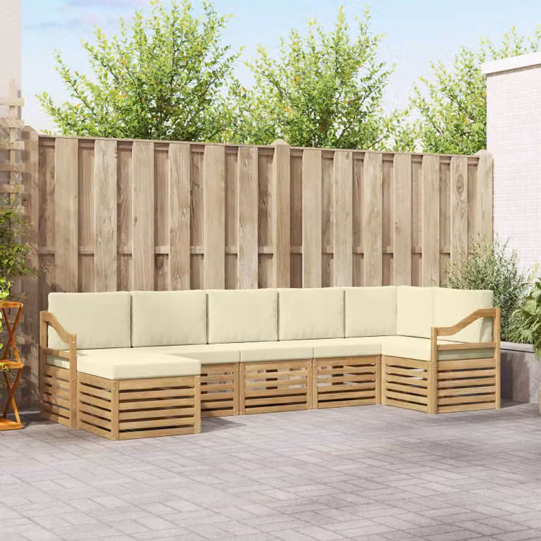 vidaXL Set di divani da esterno 7 pz a forma di L in legno di acacia con cuscini Bianco e Beige