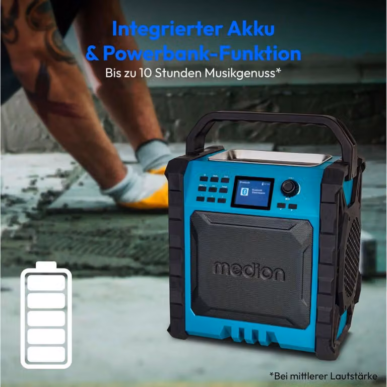 MEDION P66896 Radio da cantiere (DAB Plus, DAB+/UKW, batteria ricaricabile integrata, display a colori, Bluetooth, funzione power bank, IP54, robusta, due radiatori passivi)