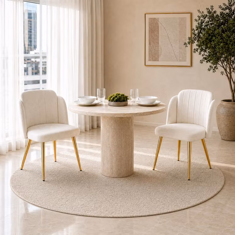 Set di 2 sedie da pranzo Flieks con schienale curvo, piedini regolabili in altezza e struttura dorata, sedie imbottite per la cucina, colore bianco