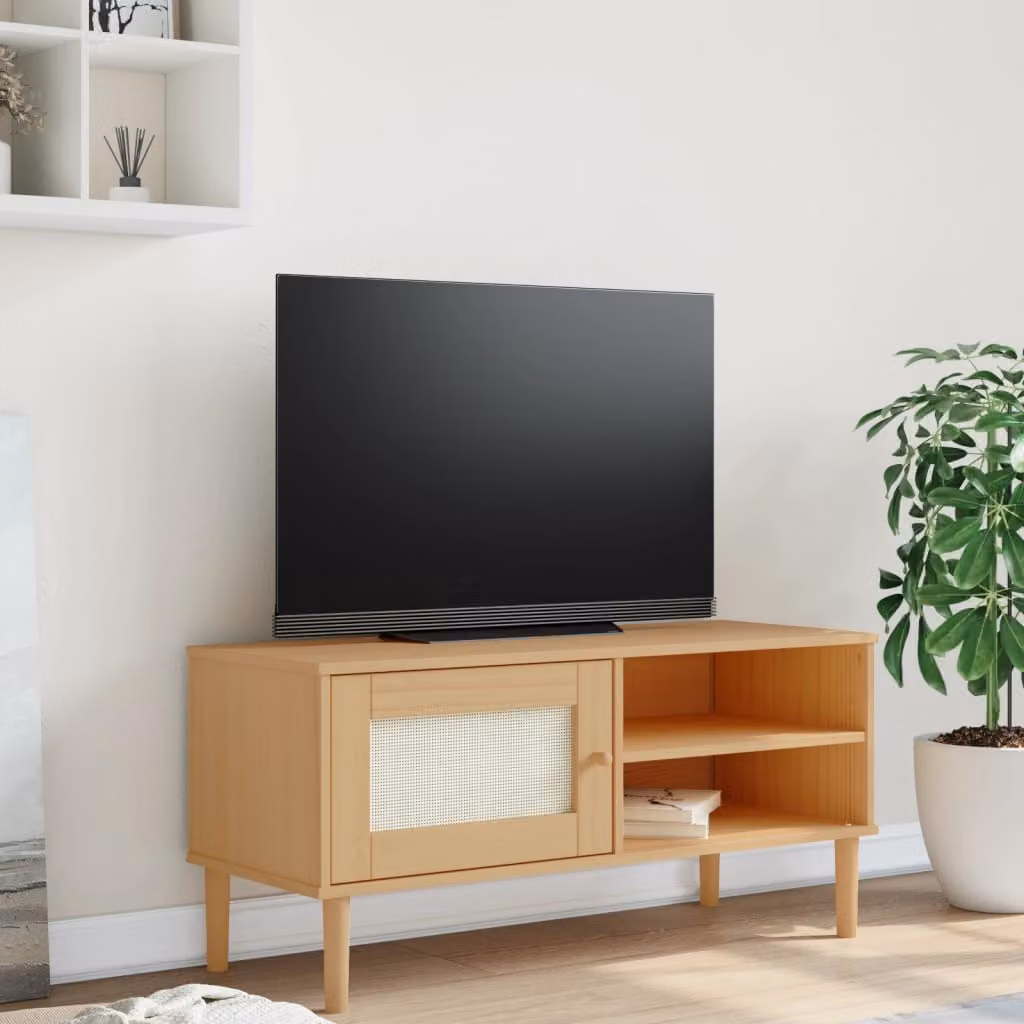 Mobile TV vidaXL SENJA in legno di pino massello con aspetto rattan marrone e beige, L: 106 cm, P: 40 cm, H: 49 cm