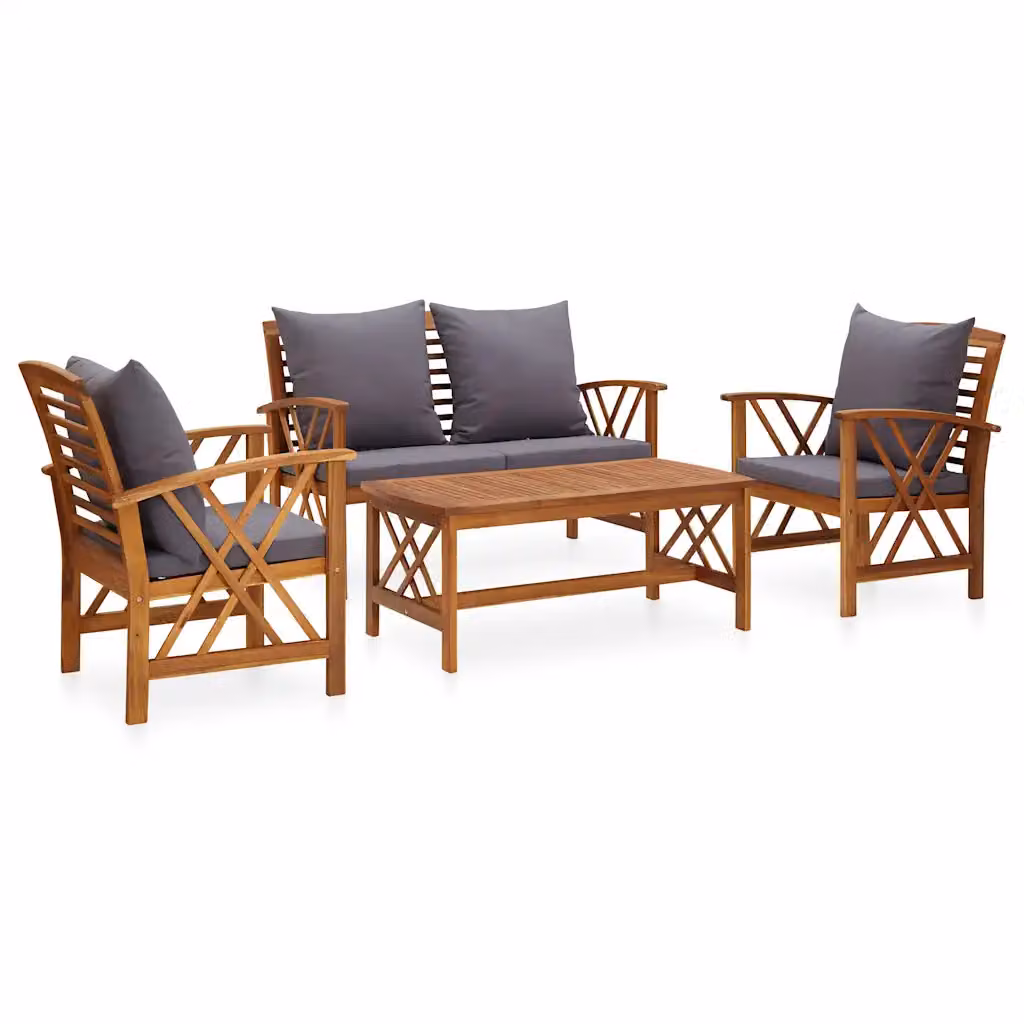 Set da giardino vidaXL 4 pezzi in legno di acacia con cuscini grigi e marroni